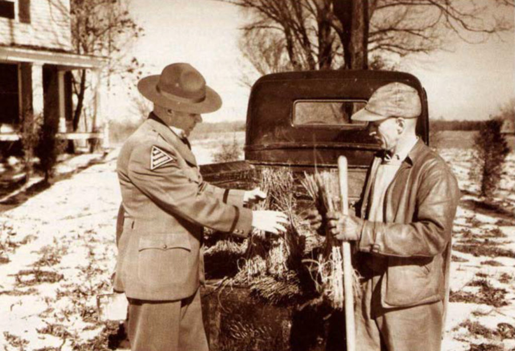 Una imagen en blanco y negro de un guardabosques mirando el heno dentro de una camioneta