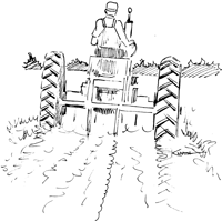 Un dibujo en blanco y negro de un hombre manejando un tractor