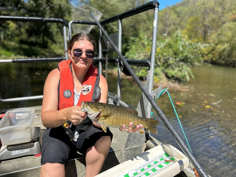 Pescador en un barco que lleva una black bass de boca pequeña del río Cowpasture.