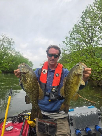 Pescador en un barco que lleva dos black bass de boca pequeña del North Fork Holston River.