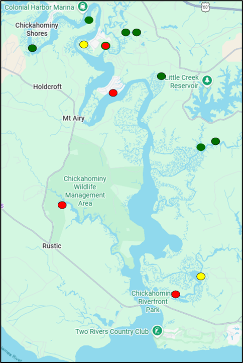 Mapa de sitios seleccionados de ejemplificación de black bass de los ríos James y Chickahominy, con puntos verdes, amarillos y rojos que muestran tasas relativas de captura.