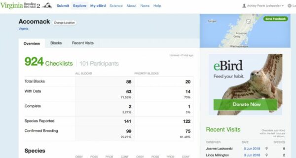 Página de resumen de Accomack – VABBA2 portal eBird