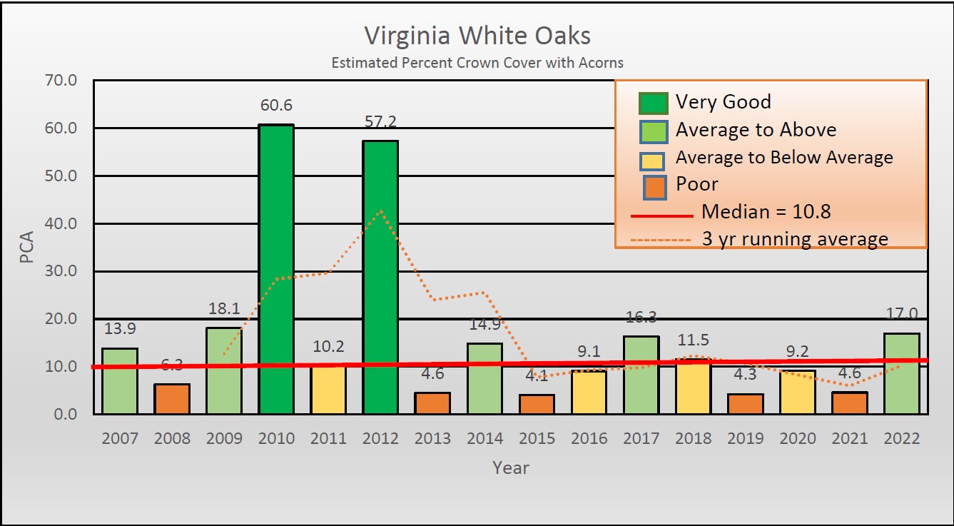 Una imagen de la producción de bellota blanca en todo el estado dividida en clasificaciones categóricas que muestran que la población ha estado produciendo mal, pero actualmente se está recuperando