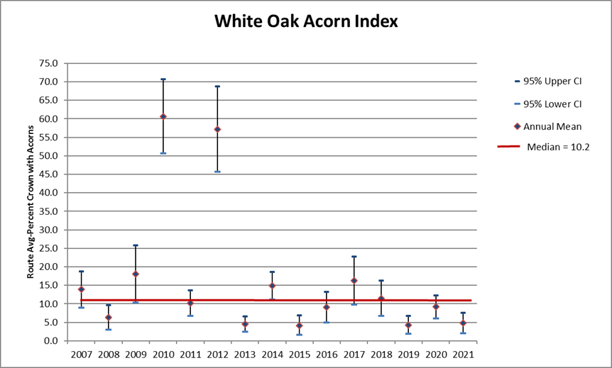 Una imagen de la producción de bellota blanca a lo largo de los años de 2007-2021 hay un pico en 2010 y 2012 pero por lo demás ha sido bastante estable, posiblemente con una tendencia a la baja