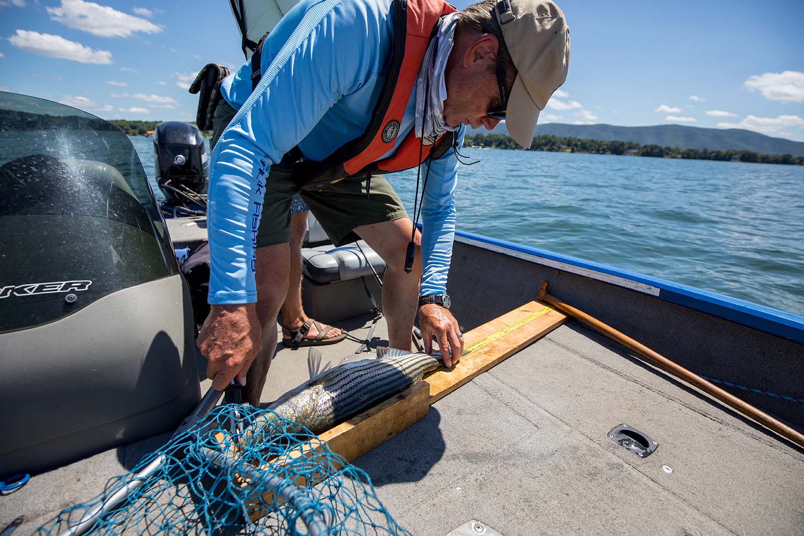 Un biólogo midiendo un pez en una tabla