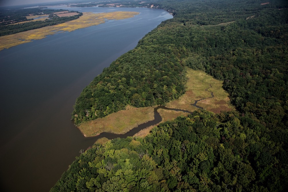 Una imagen de la zona de los acantilados de Fones; Esta zona cuenta con un río serpenteante y una pequeña pradera rodeada de bosque caducifolio