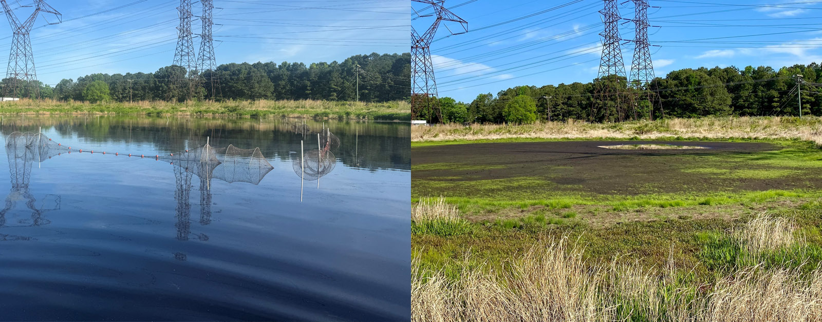 Dos fotos colocadas una al lado de la otra de un estanque, lleno de agua a la izquierda y drenado de agua y solo barro a la derecha.