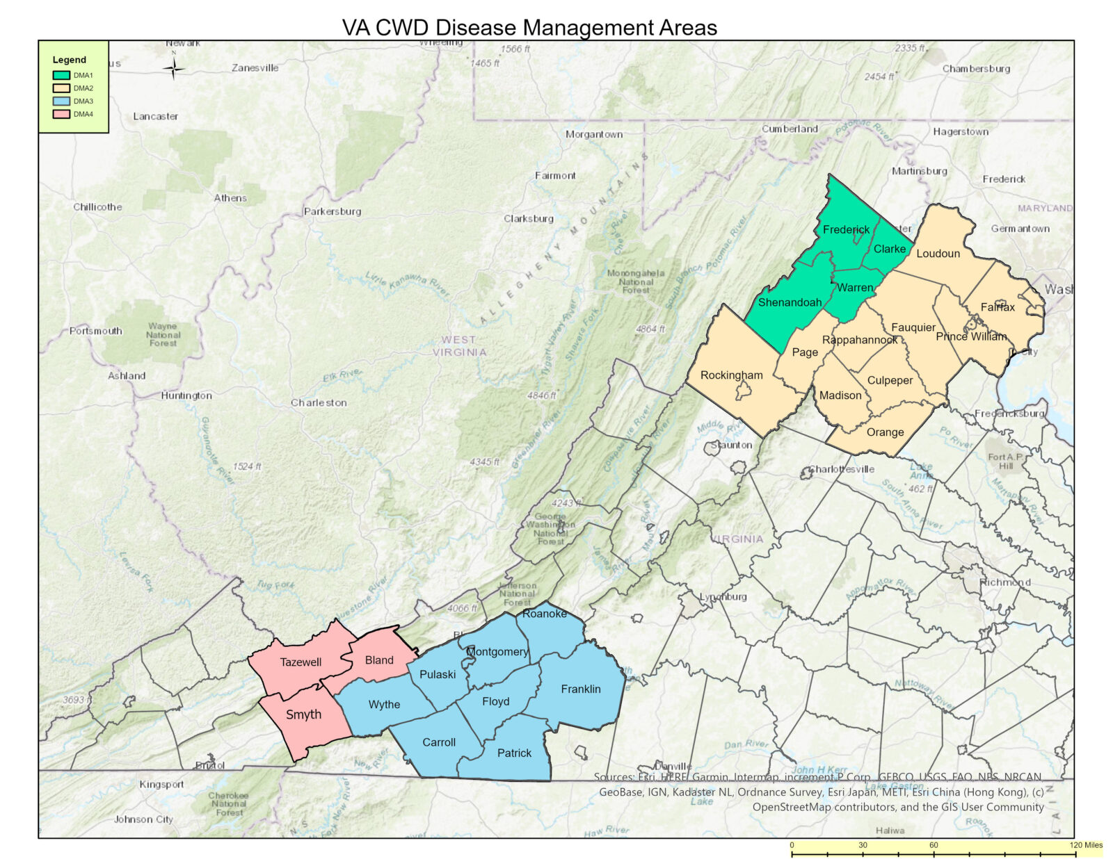 Mapa de Virginia que muestra los condados incluidos en cada área de manejo de la enfermedad de CWD para 2025-2026
