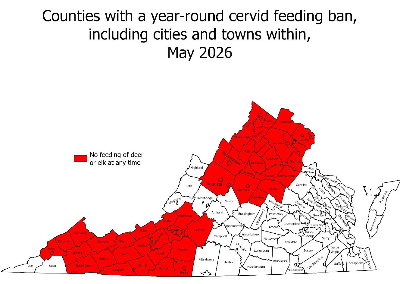 Un mapa que muestra los condados con una prohibición de alimentación de cérvidos durante todo el año, incluyendo ciudades y pueblos dentro de ellos