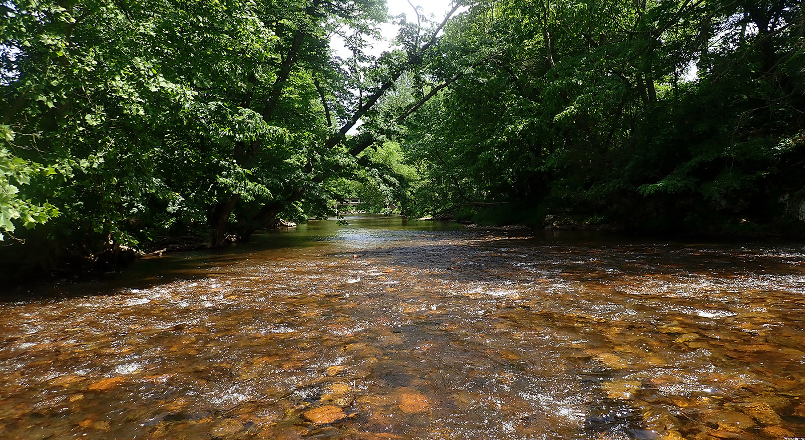 Una corriente de rocas rojizas que se mueve rápidamente