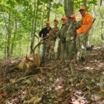 Cinco hombres posando con un alce muerto, rodeados de un bosque.