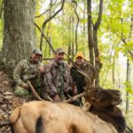 Tres hombres en un bosque posando con su presa, un alce.