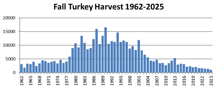 Un gráfico de los números de captura de pavo salvaje en otoño en Virginia, desde 1962 hasta 2025