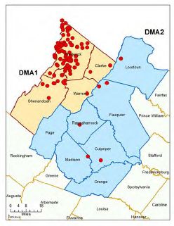 Una imagen de un mapa que muestra dónde se ha visto la CWD en los ciervos, esto es principalmente en DMA1 con algunos casos aislados en DMA2