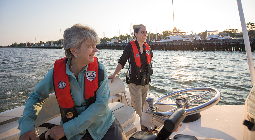 Las biólogas del DWR Ruth Boettcher y Meagan Thomas se acercan a la isla Rip Raps para verificar el proyecto de reubicación de anidación en la costa.