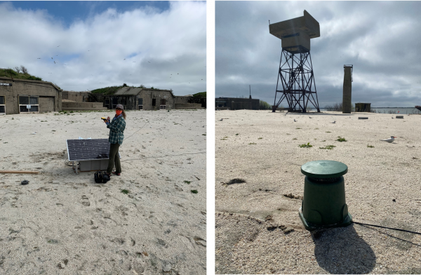 Izquierda: Kelsi Hunt, del Programa de Aves Playeras de Virginia Tech, ayuda a instalar uno de los sistemas de sonido que funcionan con energía solar en el sitio de Fort Wool. Derecha: Un altavoz conectado al sistema de sonido reproducirá las llamadas de las aves marinas para atraer a las aves a anidar en el sitio de Fort Wool.