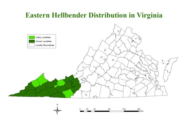 Mapa de distribución de Hellbender