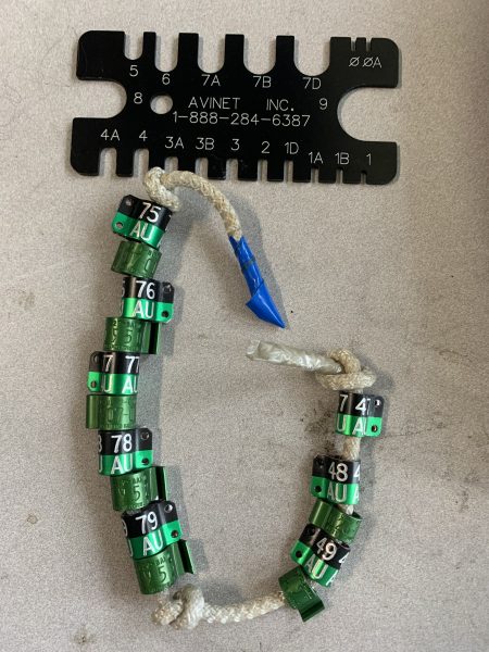 Bandas sin usar y herramienta de tamaño de patas. Las hembras de halcón peregrino llevan una banda de talla 7A, mientras que los machos llevan una banda de talla 6 .