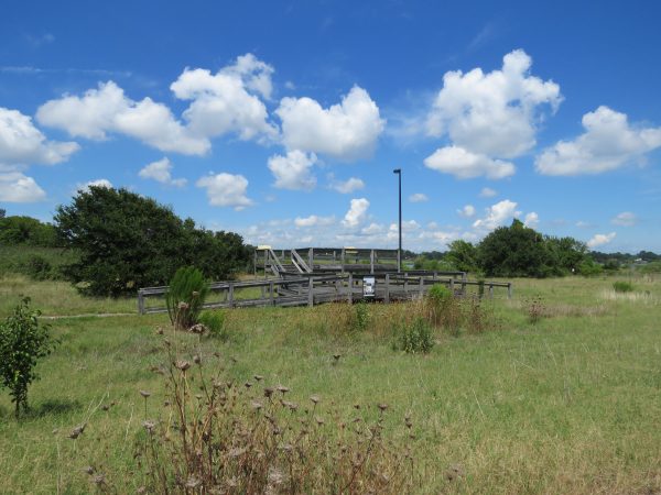 Una imagen de una plataforma de observación de vida silvestre de madera en un prado que se construyó para mirar hacia Mill Creek