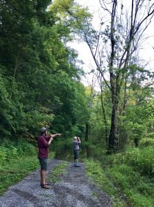 Dos personas observando aves en un bosque caducifolio