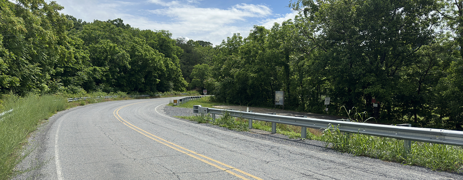 Una foto de una carretera que se curva entre árboles.