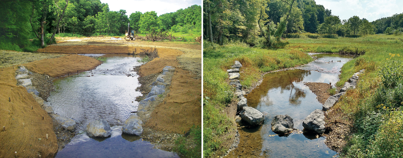 Dos fotos del mismo arroyo una al lado de la otra. La foto de la izquierda muestra el movimiento de tierras y las rocas colocadas estratégicamente, mientras que la segunda foto muestra los resultados del trabajo con exuberantes orillas verdes y agua clara.