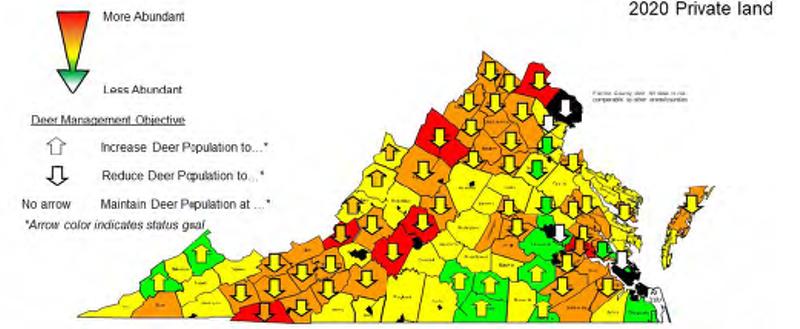 Un mapa de la población de ciervos 2020 con flechas en cada condado que indica si la población ha aumentado, disminuido o se mantiene estable.