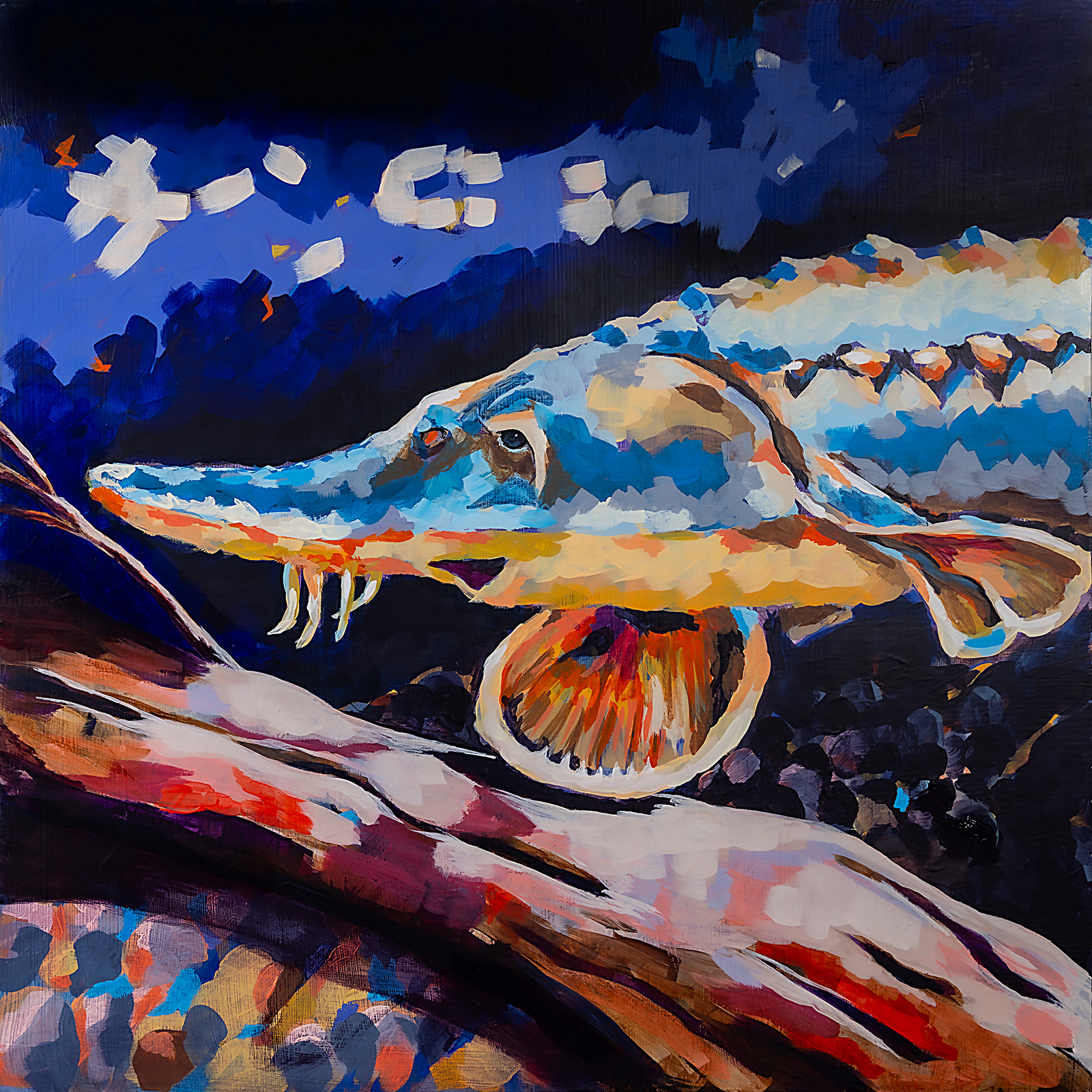 Una pintura de colores vibrantes de la cabeza de un esturión del Atlántico.