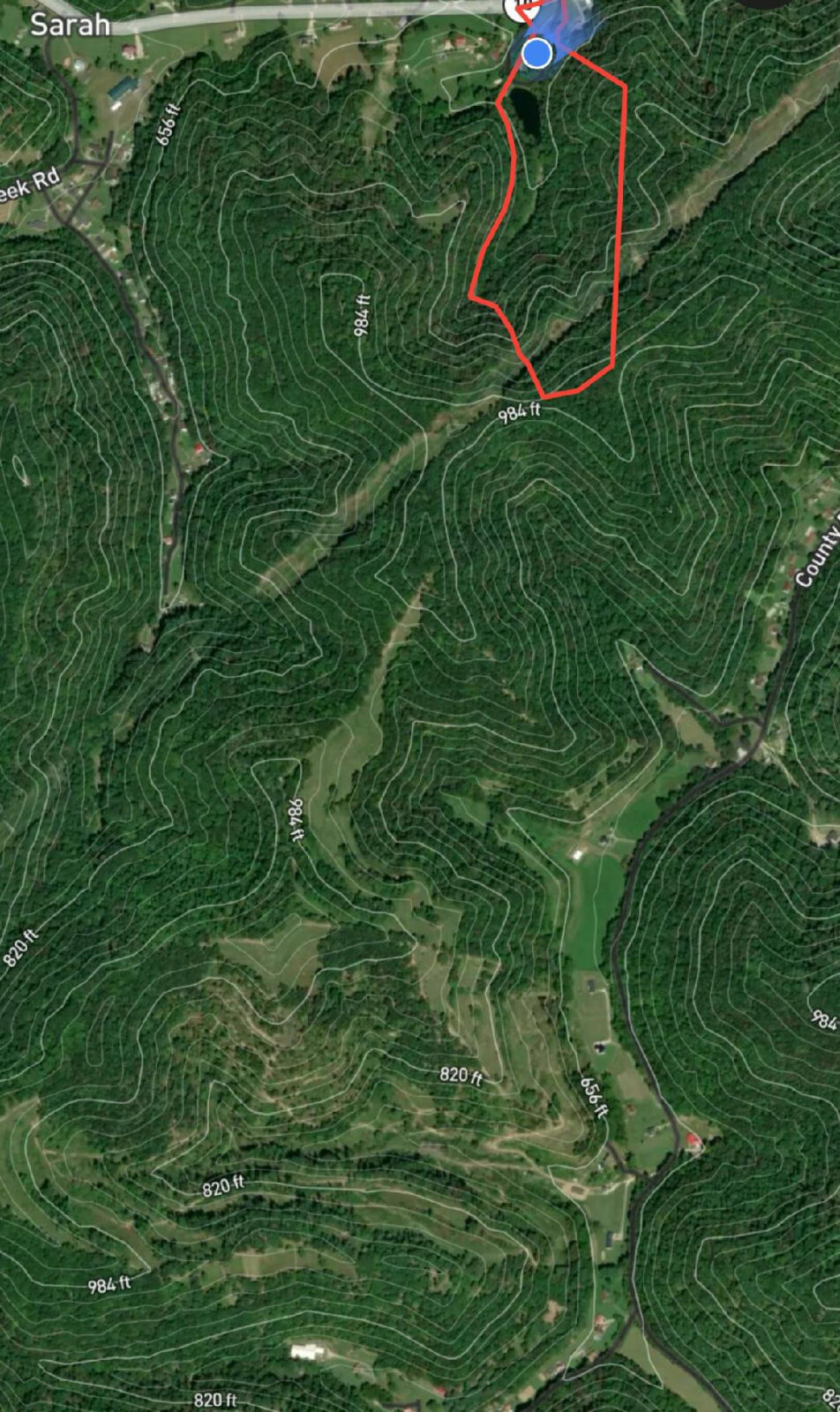 Una imagen de un mapa aéreo de una zona boscosa y de campo abierto.