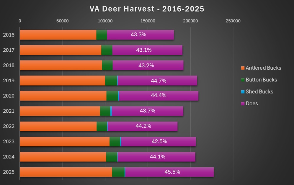 Un gráfico de barras que muestra diferentes números para cada año entre 2016 y 2025 con proporciones entre machos con astas, bucks button, bucks de caída y femelas.