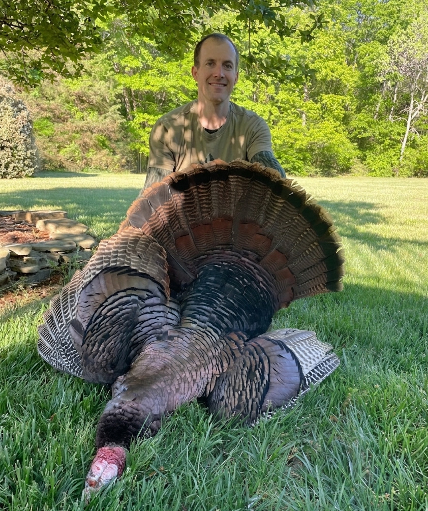 Una foto de un hombre arrodillado en un jardín con un gran pavo macho tendido en el suelo frente a él.