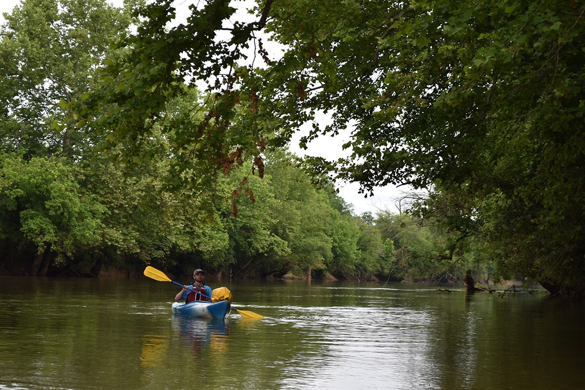 Una imagen de un hombre en un kayak azul haciendo rafting a lo largo del Rappahannock
