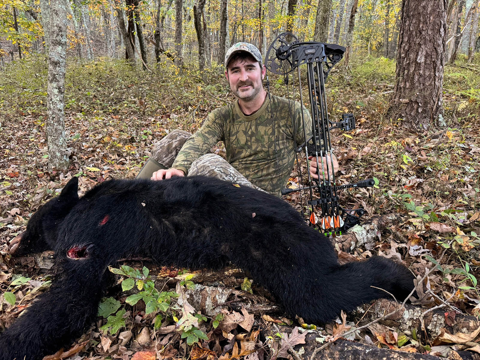 Una foto de un hombre con camuflaje sentado en el bosque junto a un oso negro muerto y sosteniendo una ballesta.