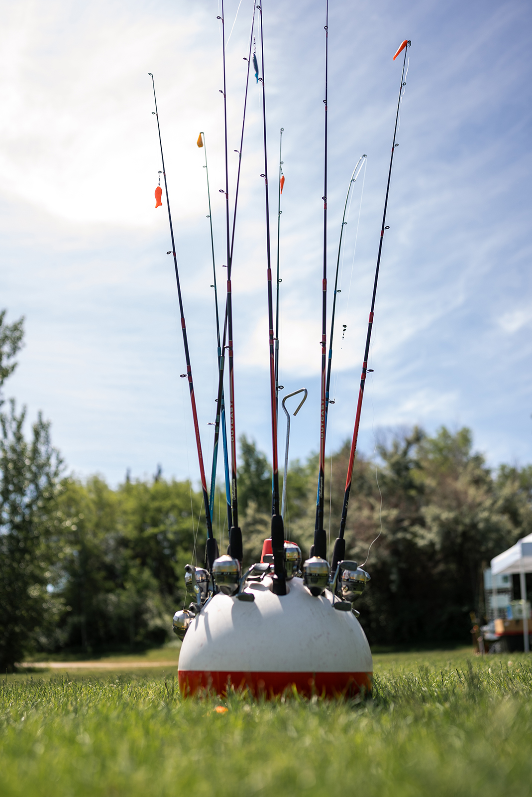 Una foto de varias cañas de pescar que sobresalen de un soporte con forma de corcho grande.