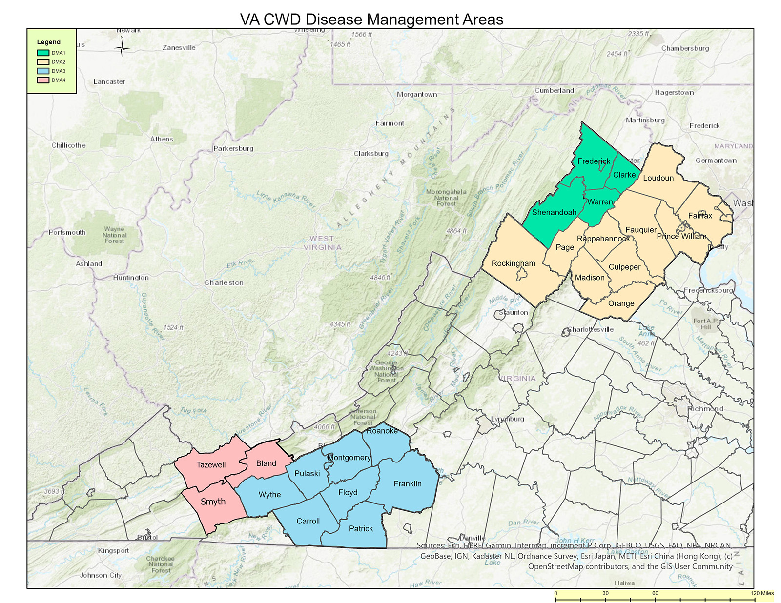 Un mapa de Virginia con ciertos estados del lado occidental en diferentes colores.