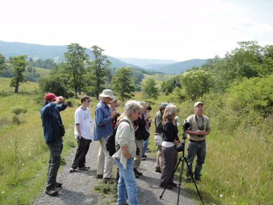 Dan, Patti Reum (extremo derecho) y la clase de Ecología de los Apalaches estudiando las aves en los futuros sitios de monitoreo de cernícalos en el valle de Bluegrass del condado de Highland.
