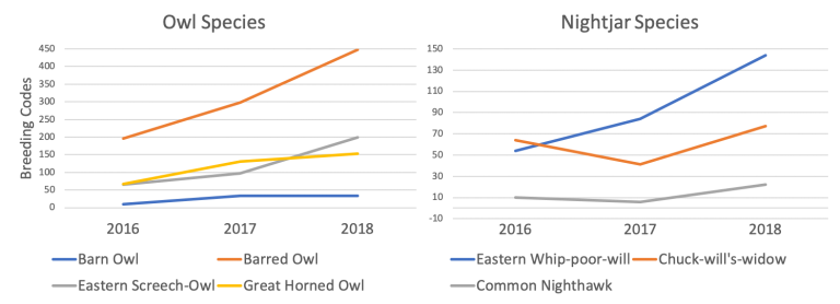 Un gráfico que muestra los informes anuales de reproducción de varias aves, la lechuza común está bastante estancada, pero la lechuza barrada y la voluntad pobre en látigos orientales están aumentando constantemente
