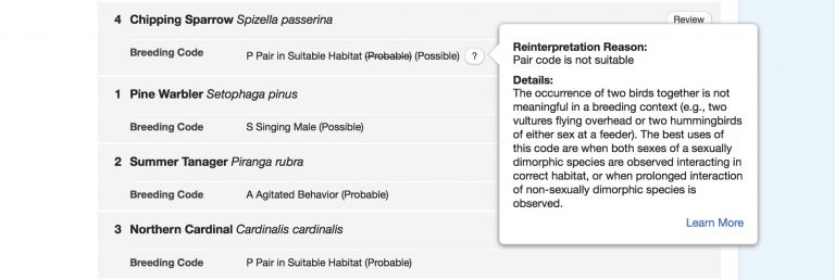 Un ejemplo de un código de cría que describe los signos que se deben buscar en una pareja de aves reproductoras
