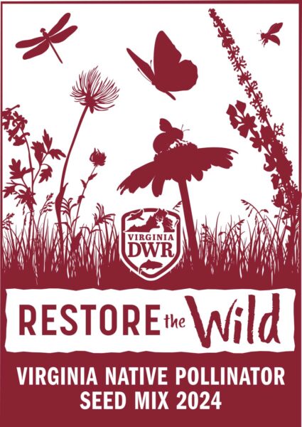 Un paquete de semillas de papel marrón, etiquetado como Restore the Wild: Virginia Native Pollinator Seed Mix (Restaurar la naturaleza: Mezcla de semillas de polinizadores nativos de Virginia)
