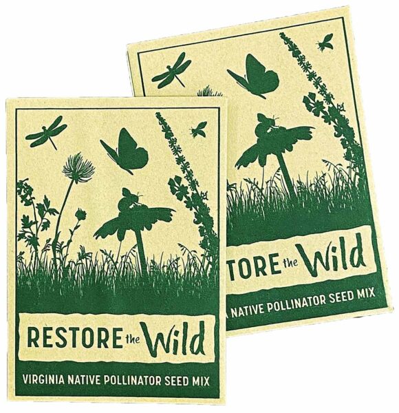 Un paquete de semillas de papel marrón, etiquetado como Restore the Wild: Virginia Native Pollinator Seed Mix (Restaurar la naturaleza: Mezcla de semillas de polinizadores nativos de Virginia)