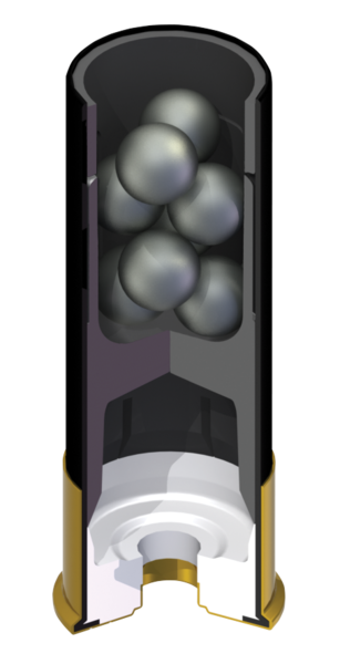 Una representación artística del interior de una concha de 00 Buck; Cabe destacar que en esta bala los perdigones están apilados para permitir la máxima cantidad de perdigones por cartucho