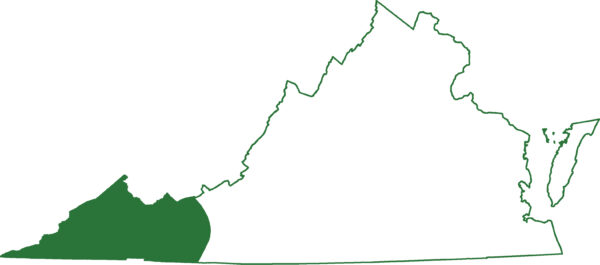 Una imagen del mapa de distribución de la salamandra del barranco del sur que se encuentra en la parte occidental de Virginia