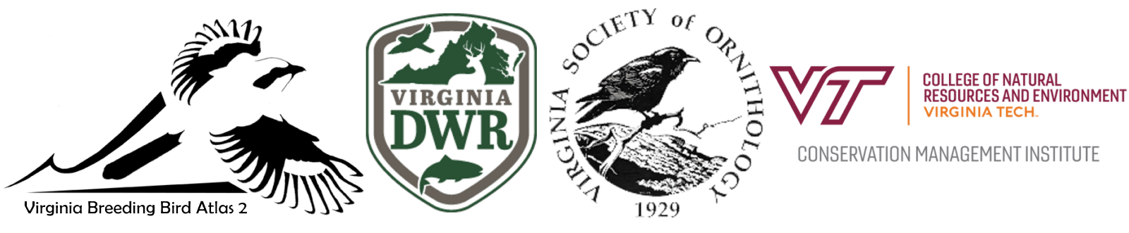 Los logotipos del DWR de Virginia, el atlas de aves reproductoras de Virginia 2, la sociedad de ornitología de Virginia y Virginia Tech.