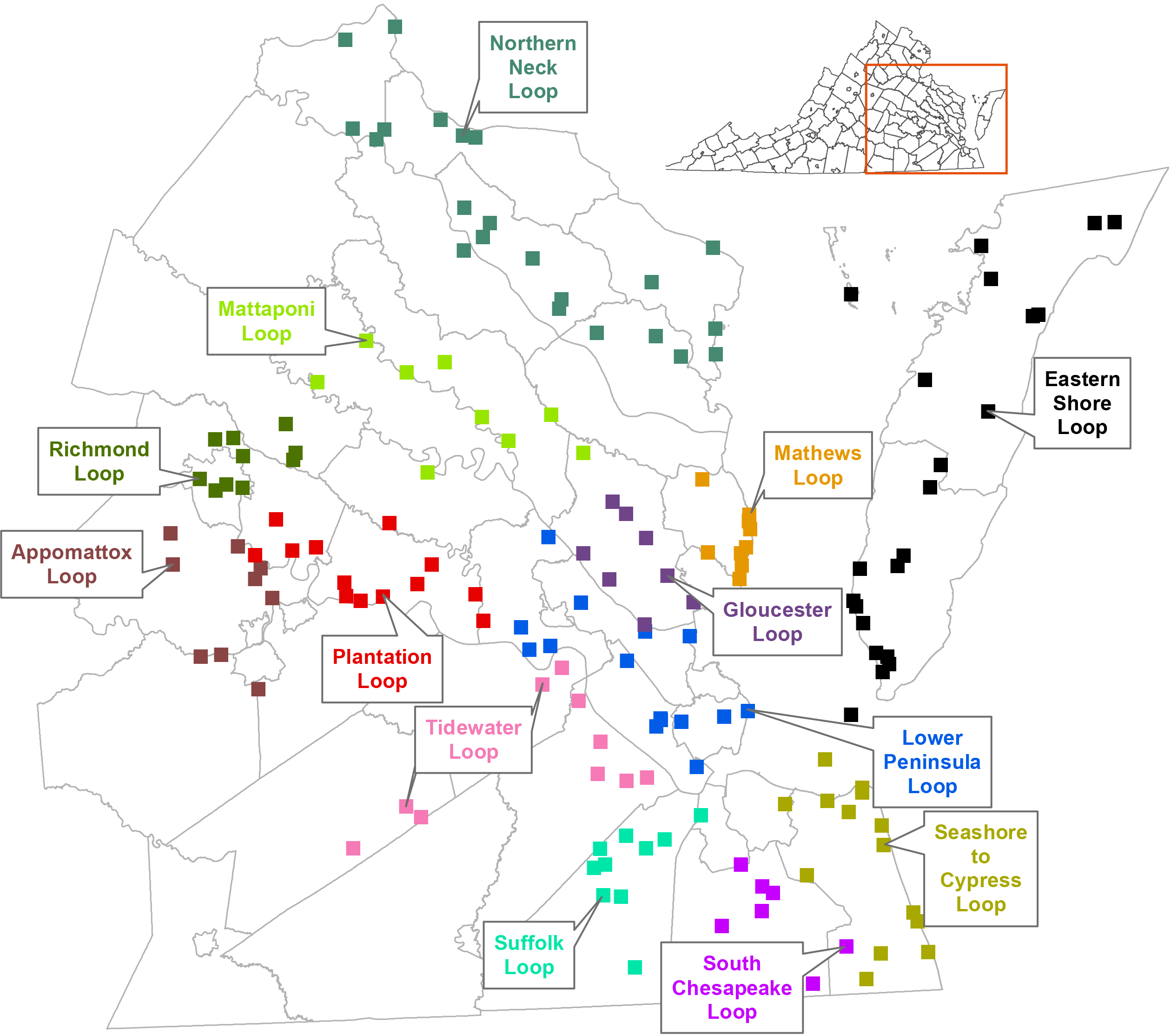 Un mapa de Virginia con los circuitos de Virginia Bird y Wildlife Trail