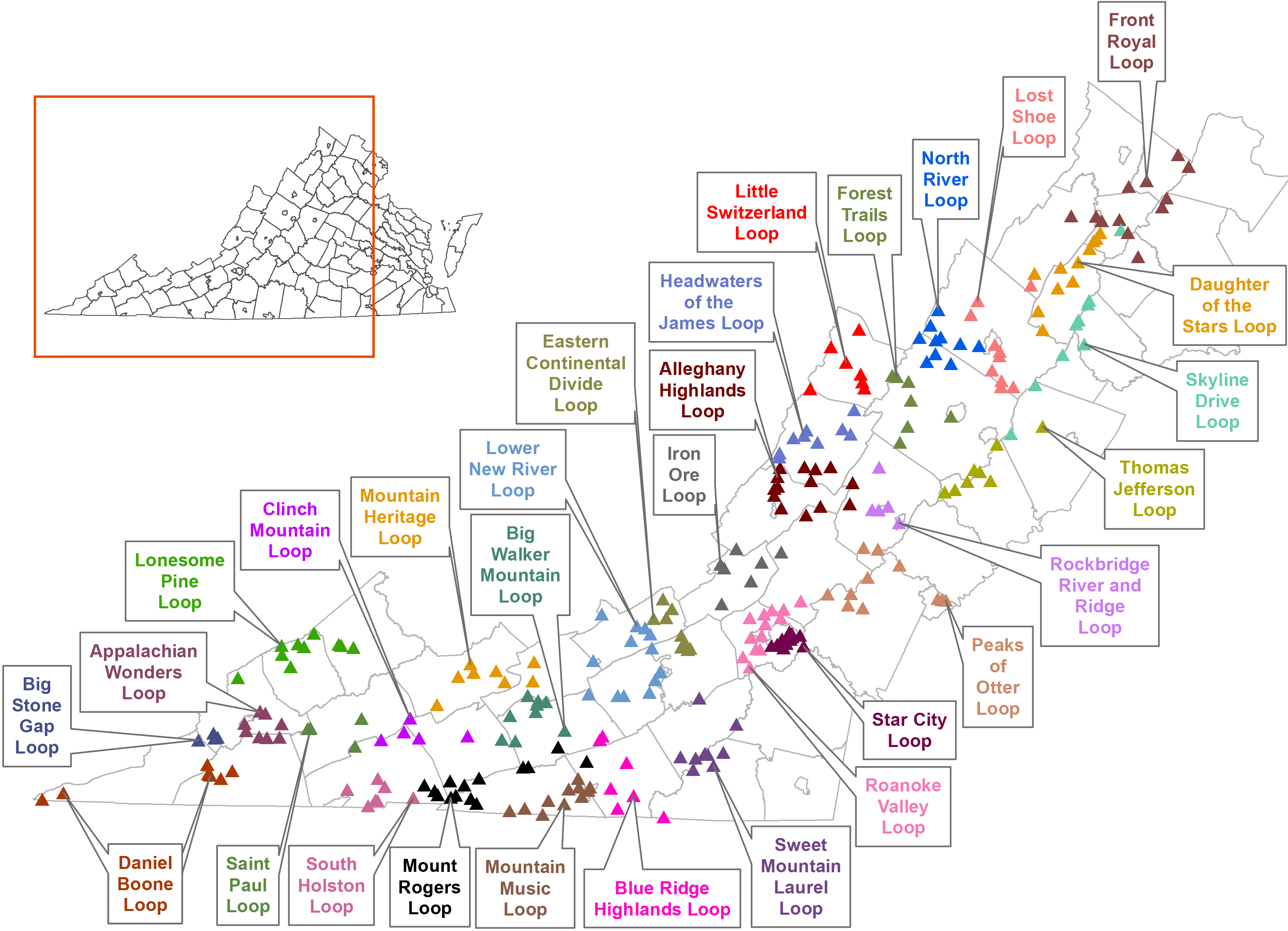 Un mapa de Virginia con los circuitos de Virginia Bird y Wildlife Trail