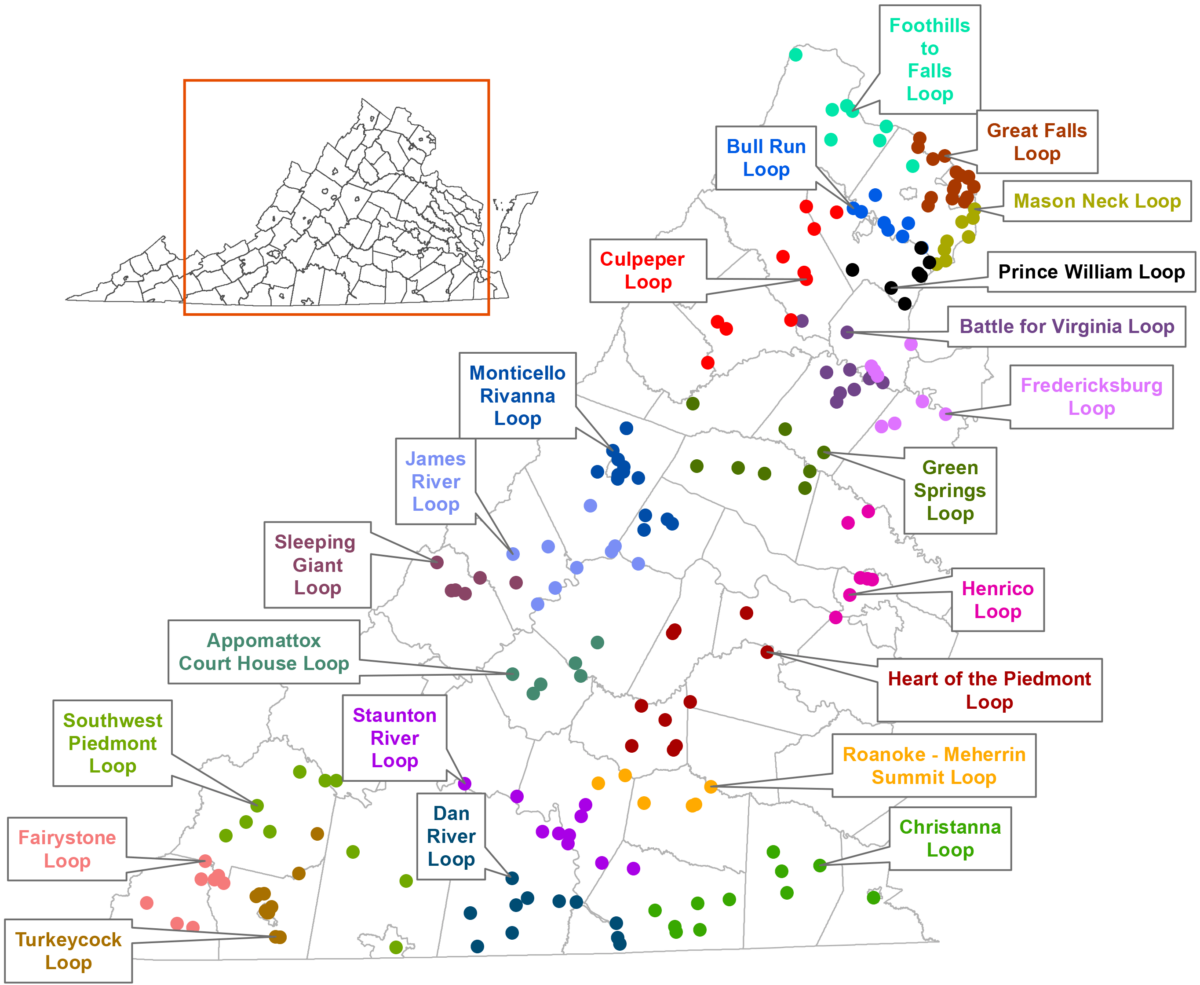 Un mapa de Virginia con los circuitos de Virginia Bird y Wildlife Trail
