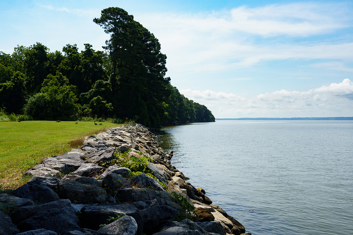 Una vista del agua desde New Towne en Jamestowne.