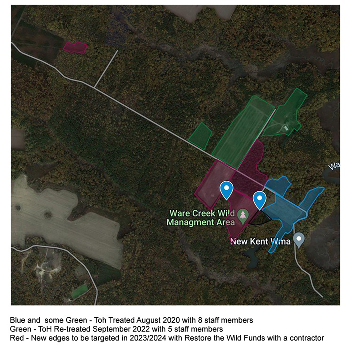 Un mapa de tres planes de tratamiento diferentes y dónde se llevarán a cabo en Ware Creek, WMA