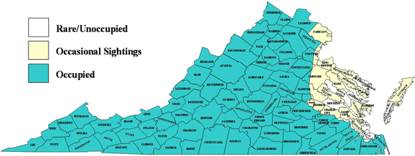 Mapa del área de distribución del oso negro en Virginia